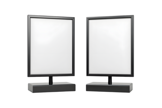 Two blank display stands showcasing empty advertising panels against a stark backdrop transparent background