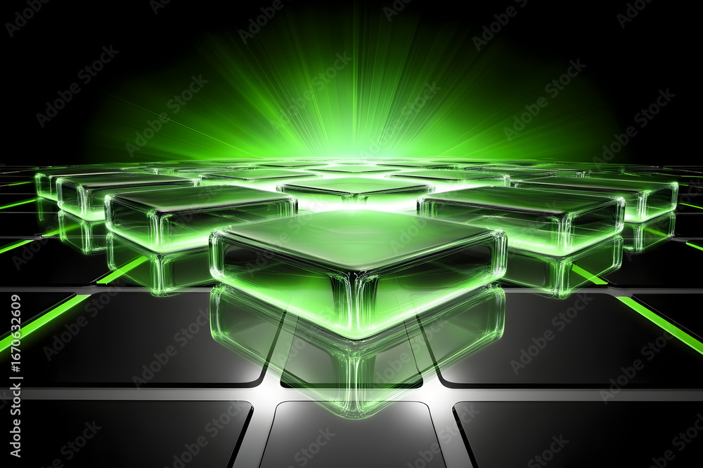 Poster green geometric cubes on a black surface. abstract concept of data processing and blockchain technol