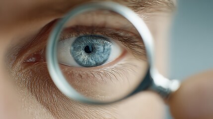 Close-up view of an eye observed through a magnifying glass, revealing intricate details.