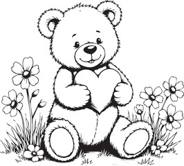 Teddy Bear's Heartfelt Embrace: An endearing teddy bear, delicately drawn in black and white, nestles amidst a bed of daisies, tenderly clutching a heart.