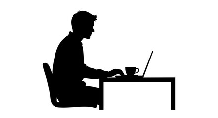Silhouette of a focused individual working diligently on a laptop at a desk, embodying remote productivity and digital lifestyle