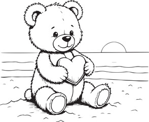 Cuddly Teddy Bear by the Shore: An adorable, plush teddy bear sits contentedly on the beach, clutching a heart. The scene evokes a sense of serenity and childlike wonder.