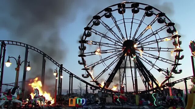 Ferris Wheel Amidst Heavy Smoke and Fire Devastation in Dark Outdoor Setting