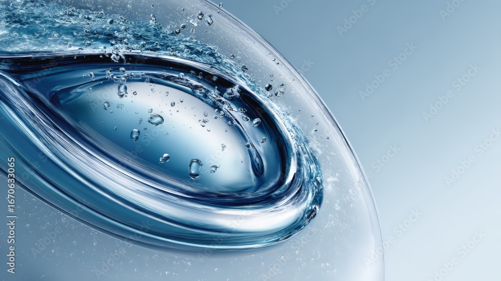 Poster close-up view of water droplet movement creating ripples in a clear liquid surface.