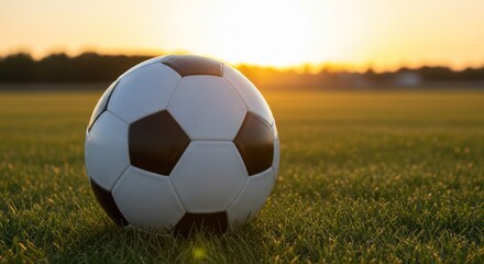 Fototapeta premium Soccer ball on grass with sunlight, golden hour on field