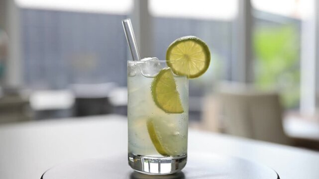 Frontal aufgenommenes Glas mit Mixgetr&auml;nk Limetten-Cocktail, Eisw&uuml;rfeln und Trinkhalm. 360-Grad-Aufnahme mit sanfter Drehbewegung im 4K-Format