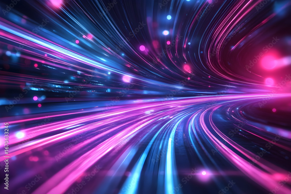 Poster abstract speeding light trails with pink and blue colors on a dark background. concept of fast data 