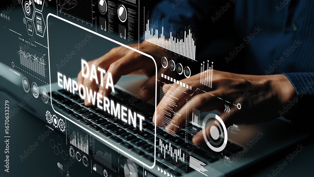 Poster hands on keyboard with data empowerment graphics and analytics visualization in a digital environmen
