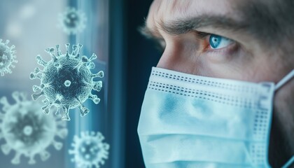 Man Battling Coronavirus: A Glimpse Through The Window, Masked For Protection, And Recovering At Home From The Illness