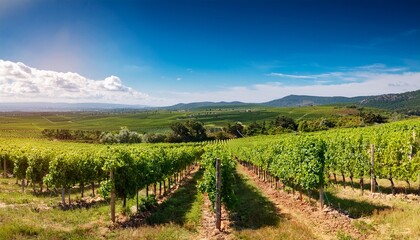 Naklejka premium vineyards in a stunning landscape under a bright sunny sky create a beautiful scene the vibrant vineyards showcase the natural beauty of the landscape perfect for vineyard enthusiasts