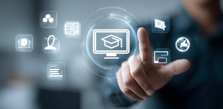 E-learning and Online Education for Student and Univrsity Concept. Graphic intrface showing technology o digital training course fr people to do remote learing from anywhere.