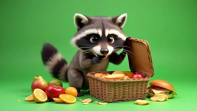 Animated raccoon mischievously raiding a picnic basket filled with food on green screen