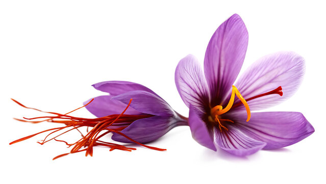 Purple saffron flowers with red stigmas isolated on a transparent background .PNG