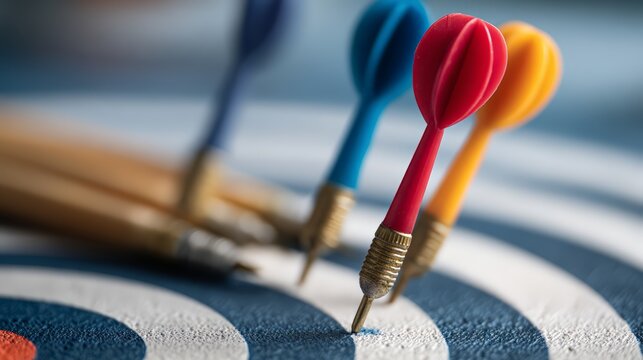 Colorful darts poised on a bullseye in a game of precision and focus.