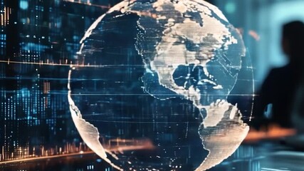 Digital globe with data overlay, depicting global technology and connectivity. - Powered by Adobe