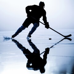 Obraz premium Silhouette of ice hockey player on frozen lake with puck and reflection symbolizing skill and determination under serene winter skies