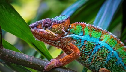 a close up of a mesmerizing chameleon in madagascar with intricate patterns and bright neon colors blending into the jungle leaves