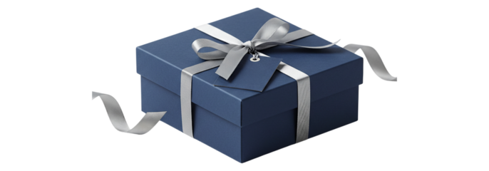 Luxury Present Delight Blue Gift Box with Silver Ribbon Tag Bow for on transparent background