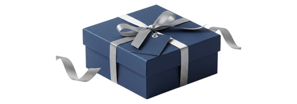 Luxury Present Delight Blue Gift Box with Silver Ribbon Tag Bow for on transparent background