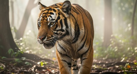 Obraz premium Majestic Bengal Tiger Walking Through a Misty Forest