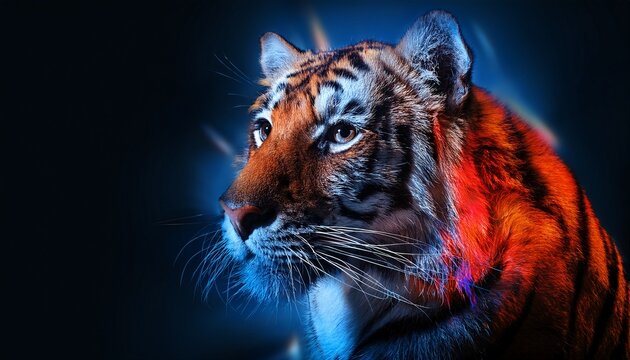 striking abstract conceptual illustration of a tiger with vivid red orange and blue overlays on a dark background