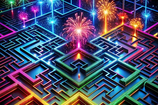 Colorful neon maze with fireworks in a vibrant and futuristic digital illustration
