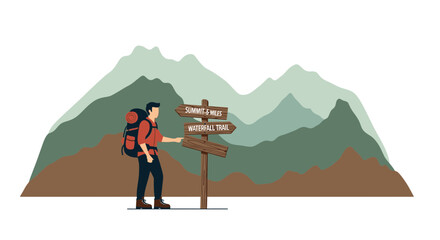 Vector illustration of a hiker at a crossroads with mountain views depicting adventure and exploration in nature outdoor activity