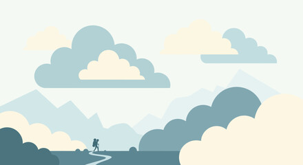 Vector Illustration of a Hiker in a Mountain Landscape Under a Cloudy Sky Adventure