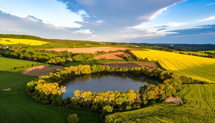 A serene rural landscape showcasing a tranquil pond nestled amidst vibrant fields of different crops under a bright sky.