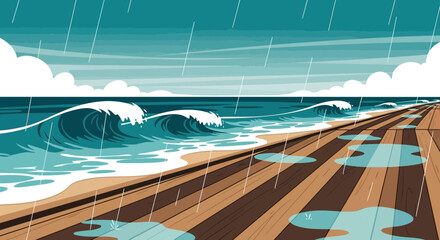 Obraz premium Vector illustration of a rainy day at the beach with waves and wooden pier providing a serene yet melancholic atmosphere