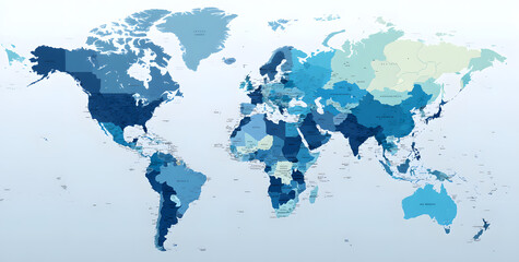 Map of World in shades of blue. High detail politica map with country names. Vctor illustration