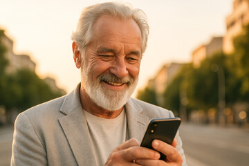 Obraz premium Elderly man outdoors in city smiling at smartphone, gray-haired senior lifestyle portrait, confident older man with beard using mobile technology, digital age communication, and modern living