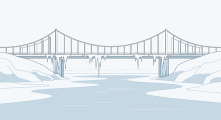 Fototapeta premium Vector Illustration Of A Winter Landscape With A Bridge And Icicles