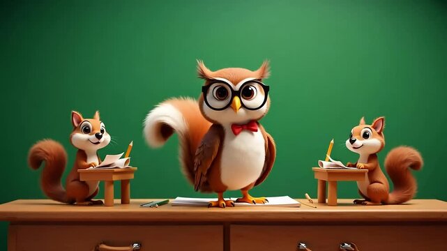Animated owl teacher teaching squirrels in classroom video for education, learning and fun