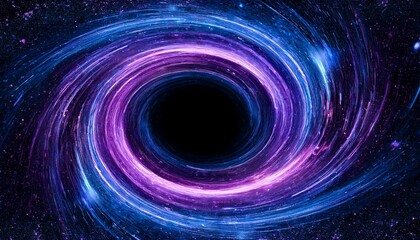 swirling purple blue vortex around central black void with cosmic dust speckles circle