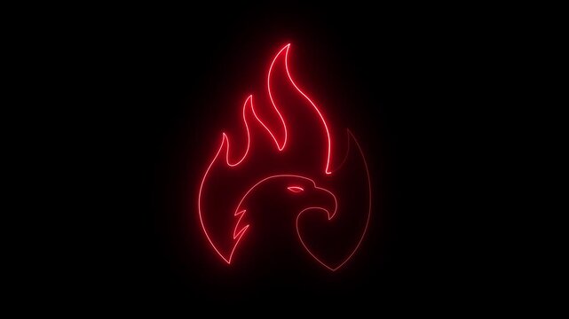 glowing neon American eagle, fire icon frame. animation with eagle in fire and glow light effects. symbolic of danger and resilience. 4k motion video.