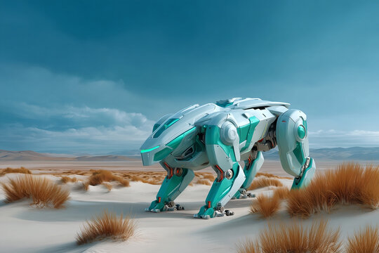 Powerful futuristic mech robot explores vast alien desert landscape under clear blue sky, evoking sense of wonder and advanced technology