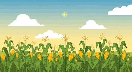 Obraz premium Vibrant Cornfield Landscape With Clear Skies And Sunshine Illustration