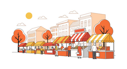 Vibrant Fall Fair Scene With Colorful Stalls And City Buildings