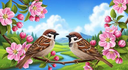 Vibrant spring illustration of two sparrows on a branch, pink blossoms, winding river, green fields, blue sky.