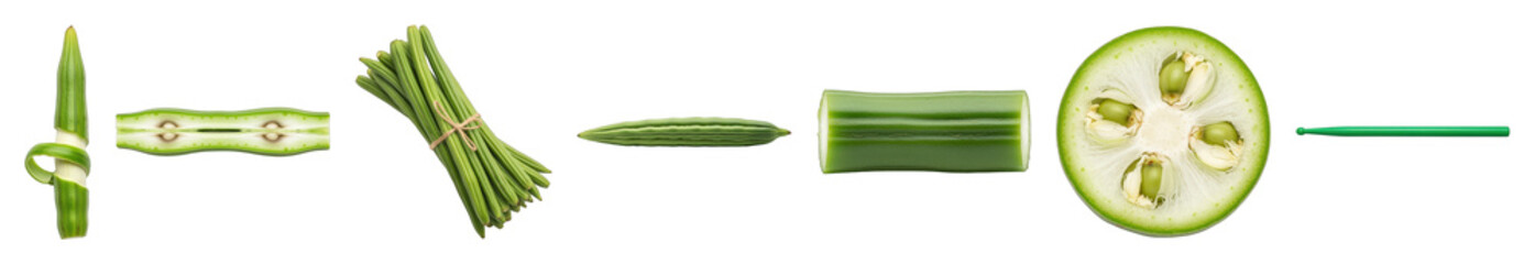 Moringa drumstick pods set including whole, peeled, cut, and cross-section stages isolated. Healthy superfood ingredient.