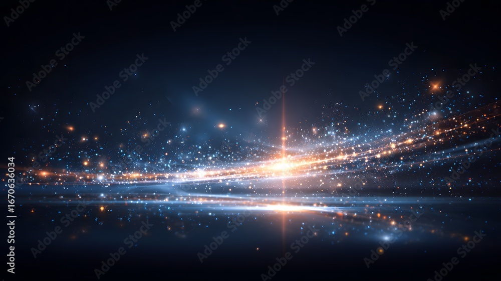 Poster a dynamic abstract display featuring streaks of shimmering light, punctuated by glittering particles