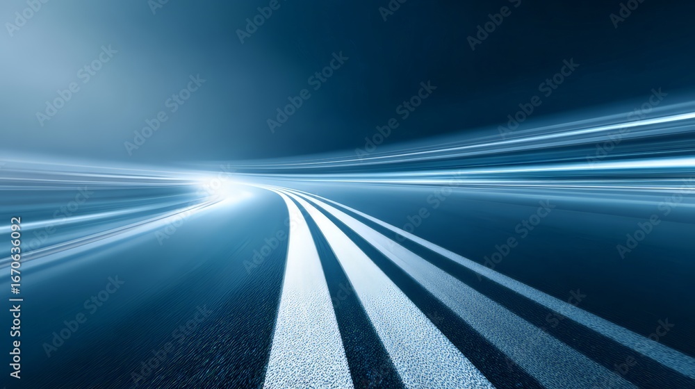 Poster dynamic perspective of a road with light trails revealing speed and movement.