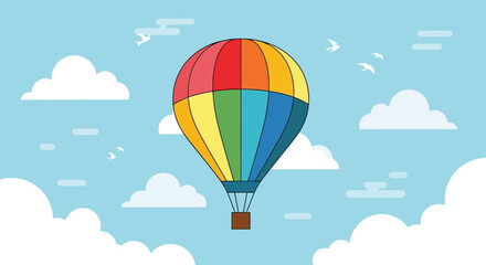 Obraz premium Vibrant Hot Air Balloon Floating Among Clouds In Sky Vector Illustration