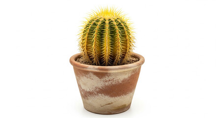 Vibrant golden barrel cactus with sharp yellow spines in a rustic terracotta pot, isolated on a clean white background studio shot.