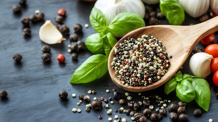 Wooden Spoon with Colorful Quinoa Seeds, Basil, Garlic, and Peppercorns