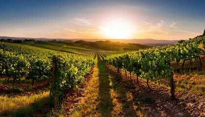 Fototapeta premium a stunning sunset illuminates a sprawling vineyard with rows of lush green grapevines stretching towards the horizon in this picturesque landscape