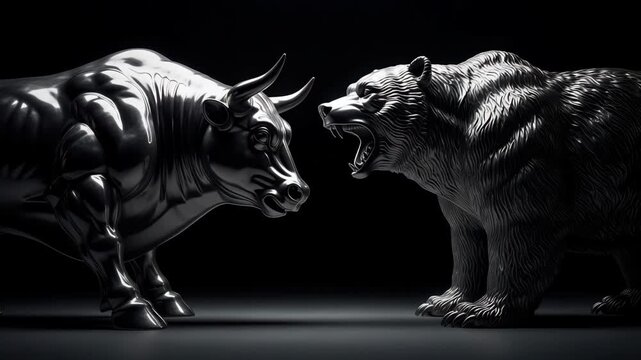 The bull and bear market statues represent financial trading and economic forces - Powered by Adobe