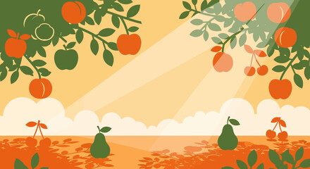 Vintage Orchard Scene With Various Fruits, Trees And Foliage, Decorative And Minimalist