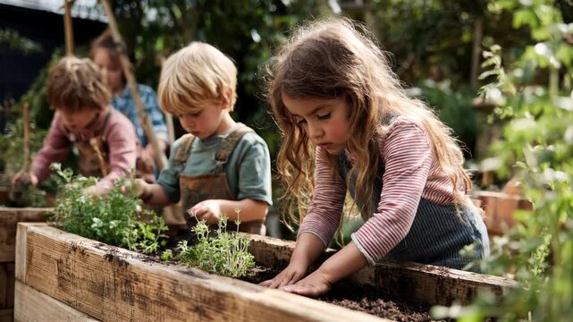 Family gardening in backyard, planting herbs and vegetables in wooden raised beds, compost bin in background, children learning about eco-conscious habits